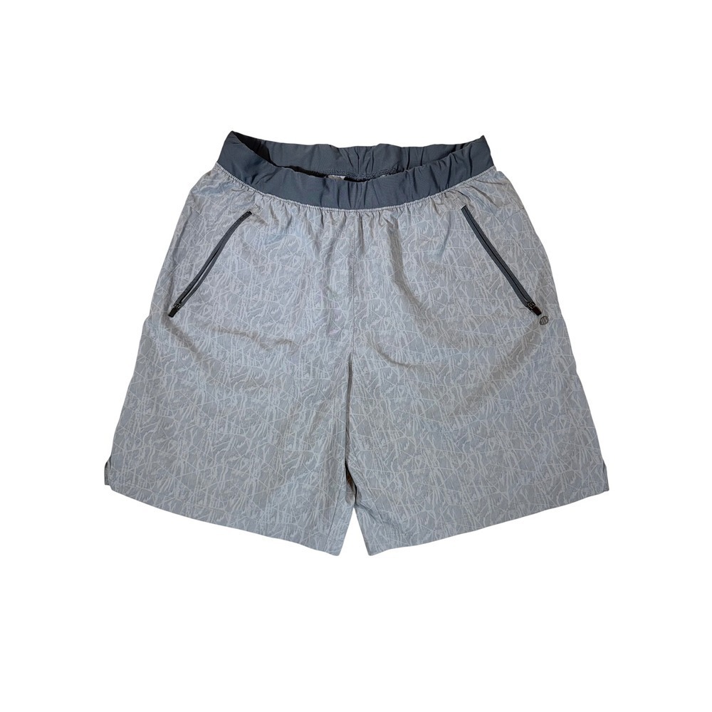 Performance Mens Athletic Shorts Large Gray Abstract Print Zipper Pockets